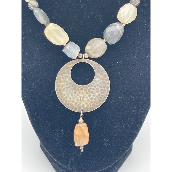 Peach and Gray Stone Necklace with Round Hammered Metal Pendant - Picture 5 of 5
